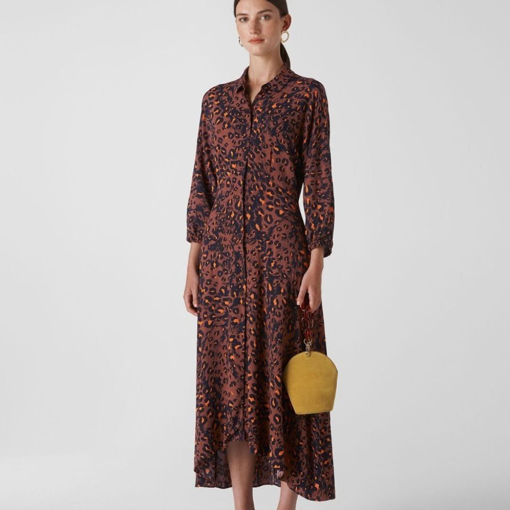 Whistles Brown Leopard-Print Midi Shirt Dress